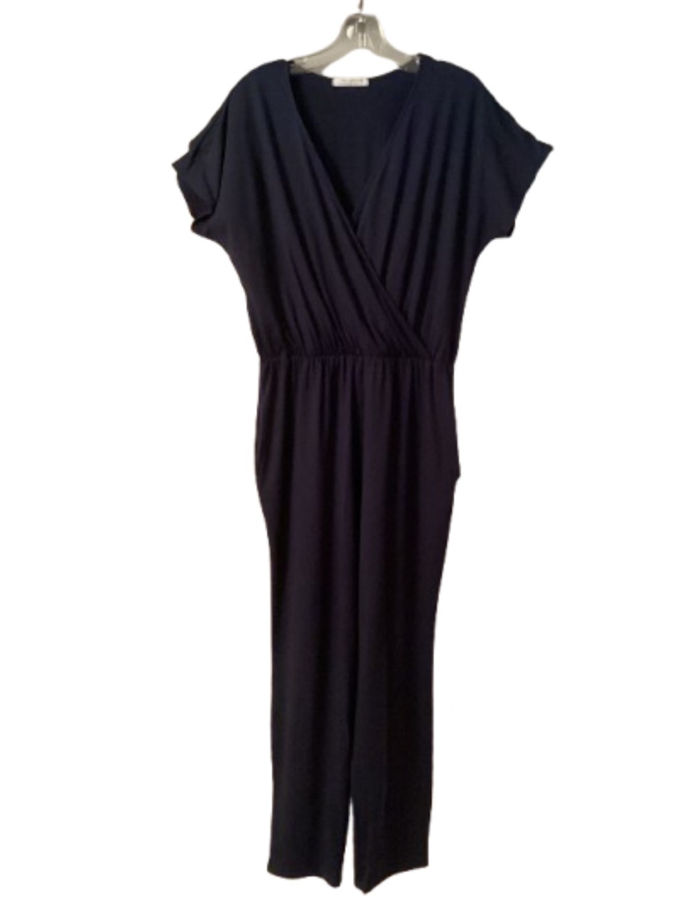 POLAGRAM SIZE L NAVY BLUE JERSEY SHORT SLEEVE STRAIGHT LEG JUMPSUIT SURPLICE